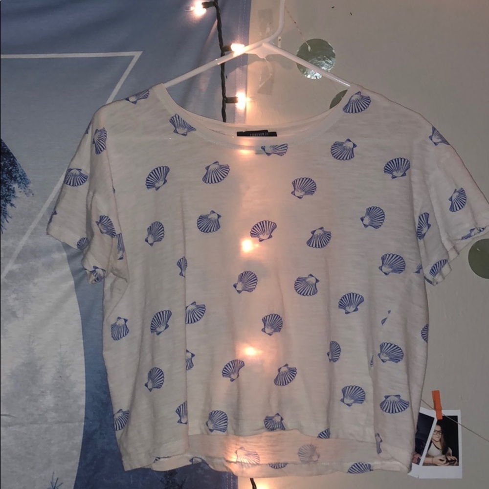 Blue and white seashell crop top